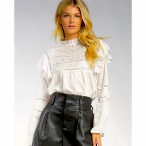 White lace ruffle long sleeve blouse. Brand new with tags. Elan. Size small.